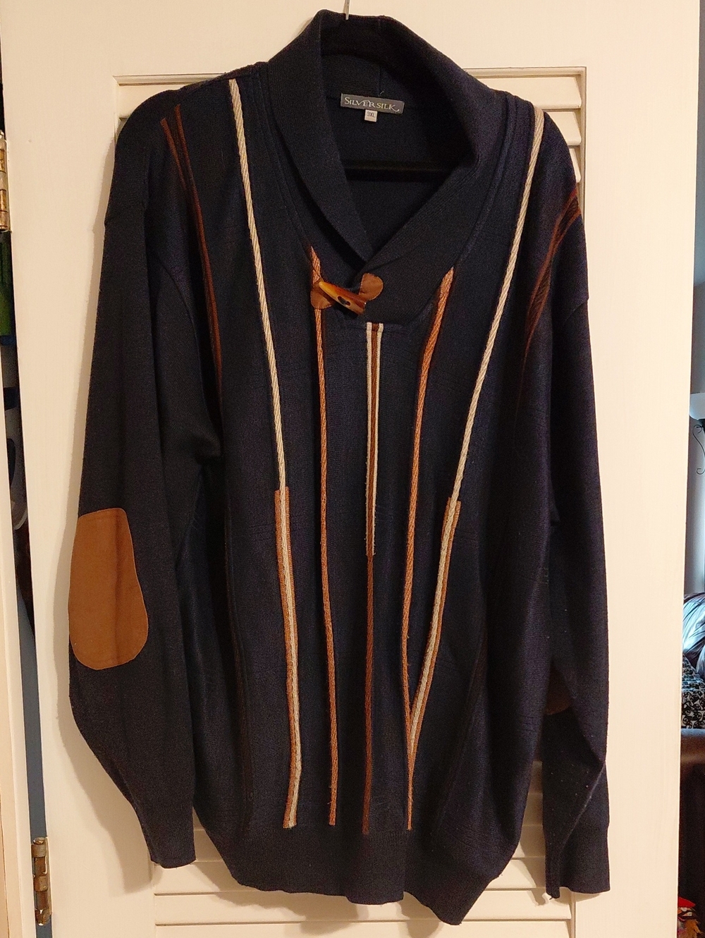 Vintage SilverSilk 3XL Navy Blue Shawl-Collar 3D Knit Sweater